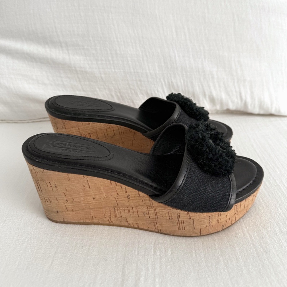 Coach Jazmin Black Leather & Cork Wedge Sandals